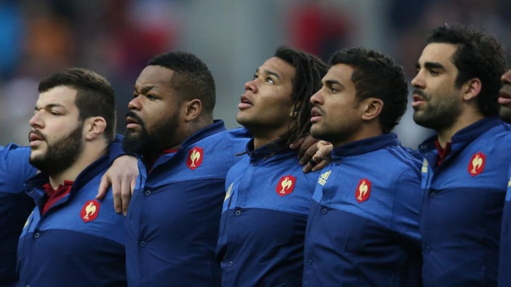 France’s Rabah Slimani, Mathieu Bastareaud, Teddy Thomas, Wesley Fofana and Yoann Huget. Photograph: Billy Stickland/Inpho