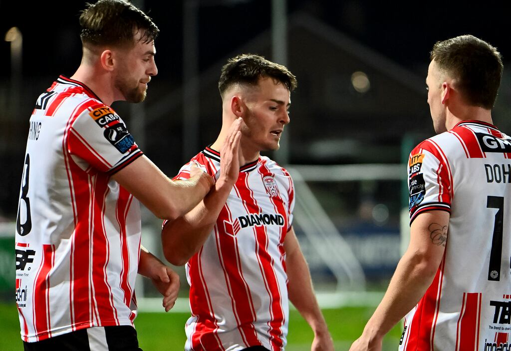Derry’s Danny Mullen celebrates after scoring. Photograph: Stephen Hamilton/Inpho