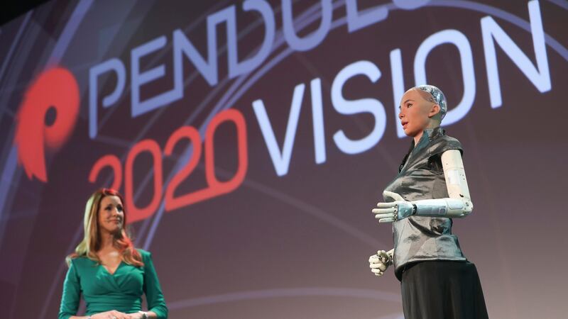 Pendulum Summit: Gina London with Sophia at the Dublin business convention