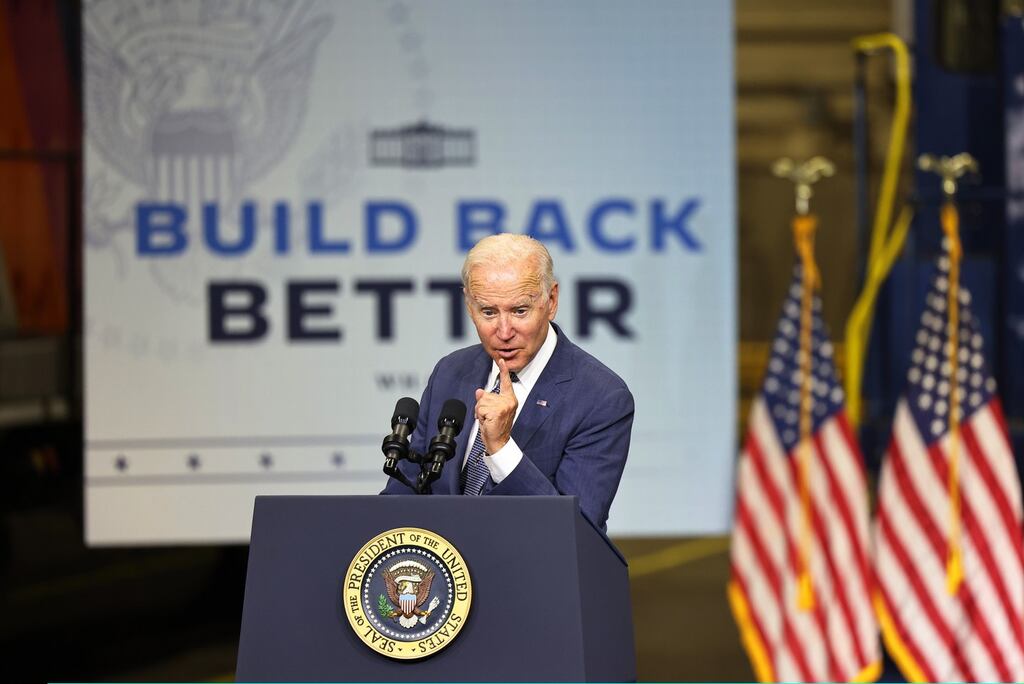 Senate Democrats are looking for ways to fund President Joe Biden’s $2 trillion Build Back Better agenda. Photograph: Michael Santiago/Getty Images