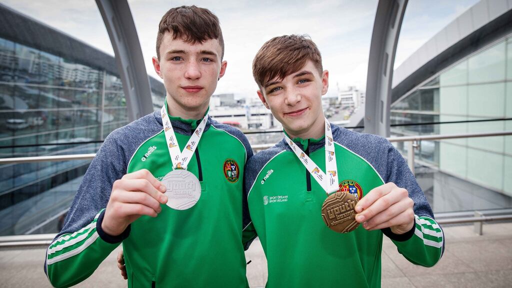 Jude Gallagher and Dean Clancy (left) with their European medals back in April. Photograph: Ryan Byrne/Inpho
