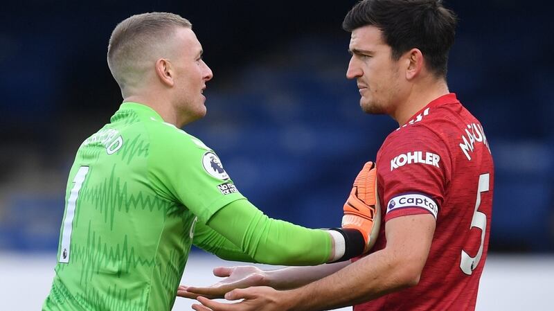 United were appealing for a penalty after a tackle from Pickford on Maguire. Photo: Paul Ellis/EPA