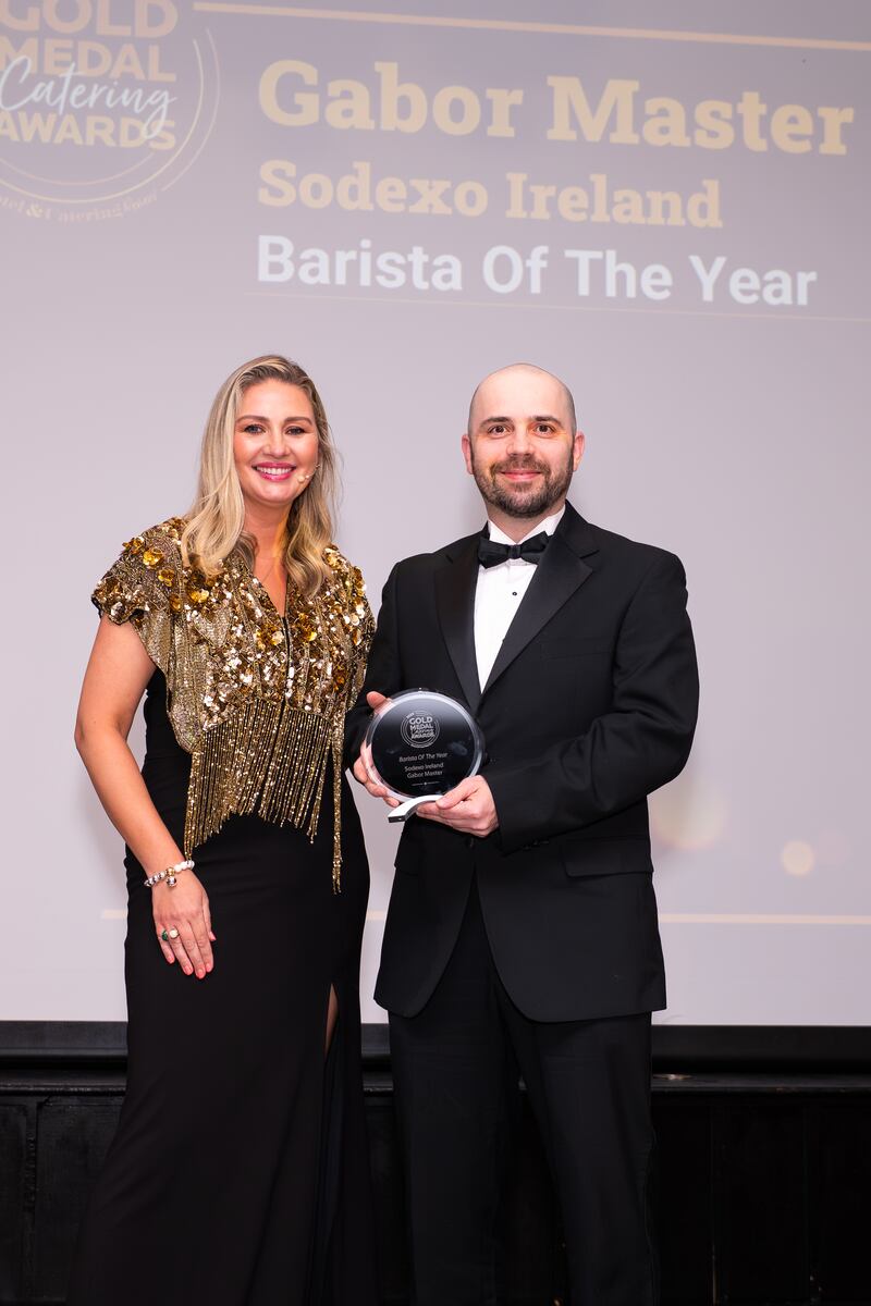Anna Daly, MC of the night, and Gabor Master, master roaster at Sodexo Ireland. Photographer: Ruben Morrissey-Fernandez/Ruby Productions