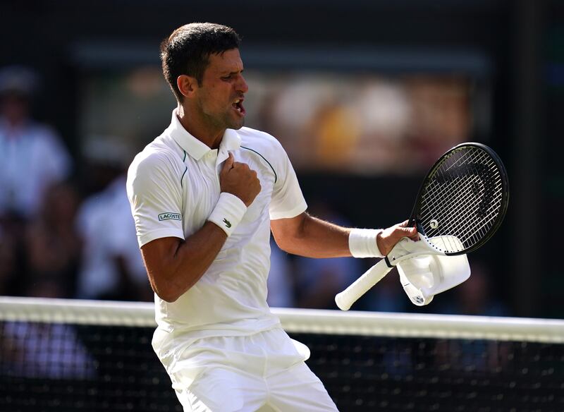 Novak Djokovic celebrates his win over South African native Cameron Norrie at Wimbledon on Friday. Photograph: PA