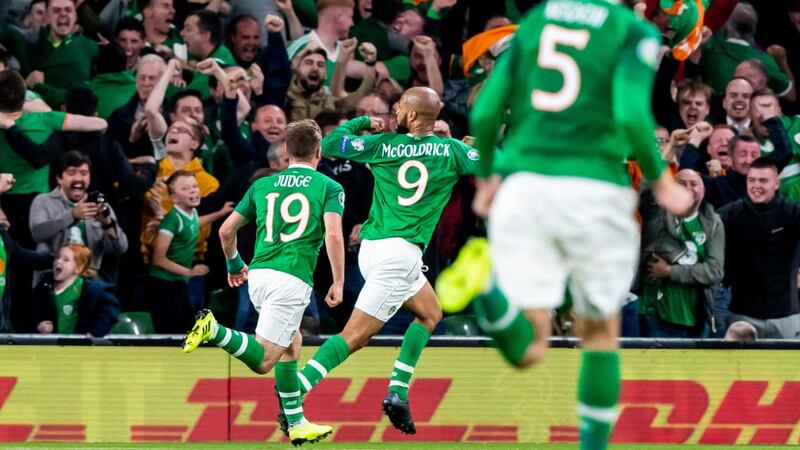 David McGoldrick celebrates his late equaliser against Switzerland in September. Photograph: Morgan Treacy/Inpho
