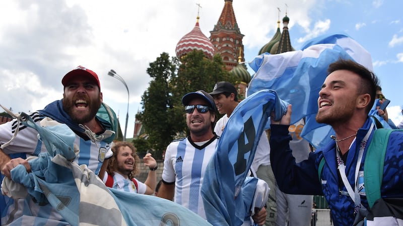 Argentina fans outside St Basil’s Cathedral in Moscow. Photograph: Vasily Maximov/Getty
