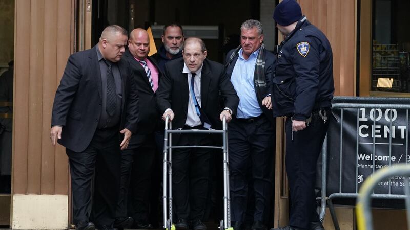 Harvey Weinstein leaves Manhattan Criminal Court, using a walker, following a hearing on Wednesday. Photograph: Getty