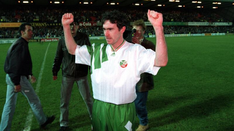 Republic of Ireland goalscorer Alan McLoughlin celebrates after game. Photograph: Billy Stickland/Inpho