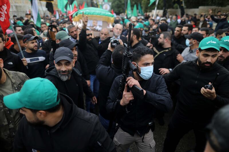 The coffin of Hamas deputy chief Saleh al-Arouri is carried during his funeral in Beirut, Lebanon. Photograph: Marwan Tahtah/Getty Images