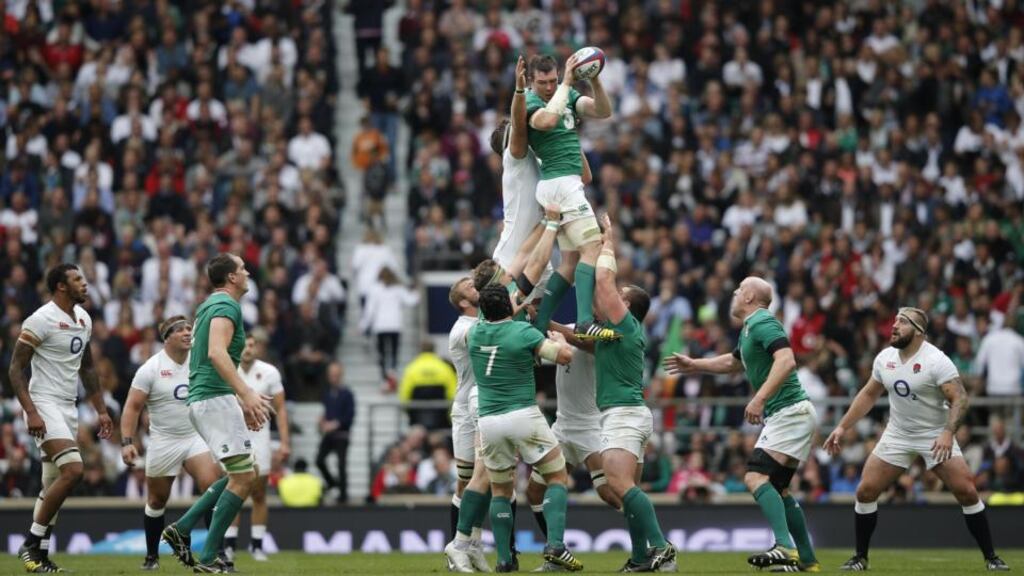 Ireland’s flanker Peter O’Mahony wins the ball in the lineout during the international rugby union friendly match between England and Ireland, ahead of the 2015 Rugby World Cup. Photograph: Getty Images
