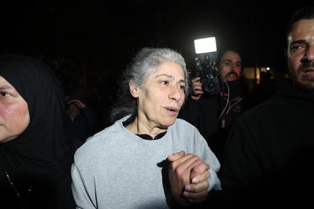 Khalida Jarrar is greeted by well-wishers following her release from Israeli prison in the early hours of January 20th. Photograph:  Zain Jaafar/AFP via Getty Images
