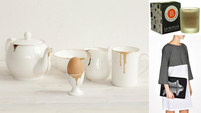 Reiko Kaneko Staffordshire bone china drip collection: cup and saucer €28, mug €17.50, teapot €75, egg cup €12.50, from articledublin.com; La Bougie’s sage and bitter orange candle, €29.95 at Arnotts; Marc by Marc Jacobs’ neoprene 13” case, €67.66 at my-wardrobe.com