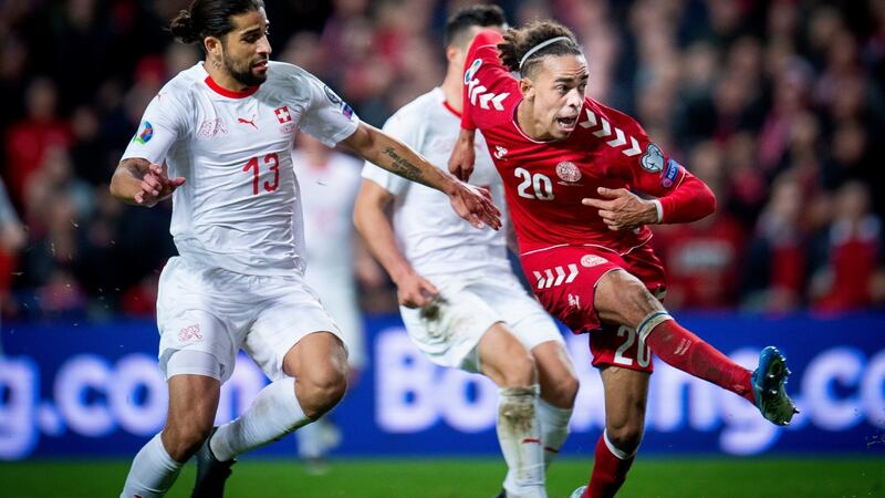 Yussuf Poulsen scores Denmark’s winner against Switzerland on Saturday. Photograph: Liselotte Sabroe/EPA