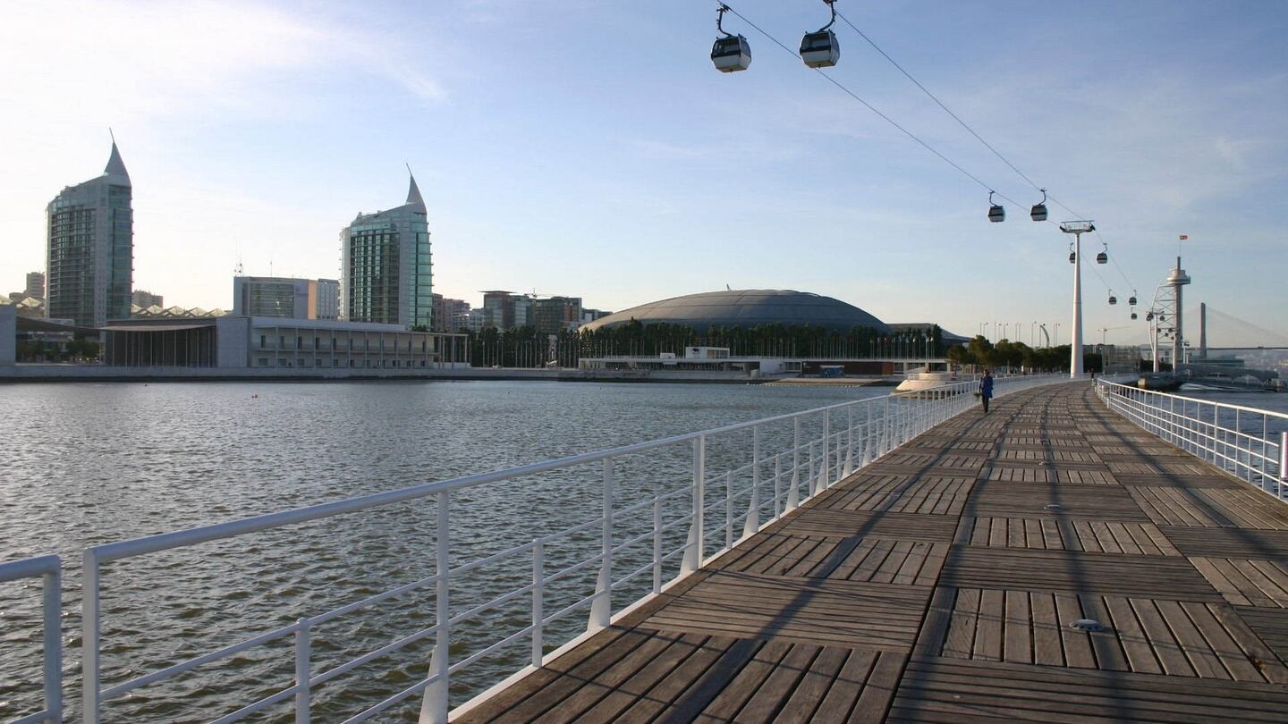 Cable cars glide alongside Parque das Nações to the east of Lisbon – a vast complex at the edge of the city that shot to prominence when it was named as the new venue for the Web Summit. Photograph: António Cabral