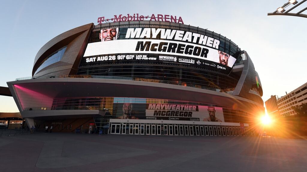 Advertisements for the bout between Floyd Mayweather and Conor McGregor are displayed on the side of T-Mobile Arena in Las Vegas, Nevada. Photo: Ethan Miller/Getty Images