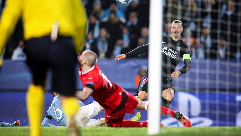PSG’s Swedish striker Zlatan Ibrahimovic scores his sides’s third goal in the Champions League Group A match against his former side Malmo FF at the Malmo New Stadium. Photograph: Andreas Hillergren/EPA