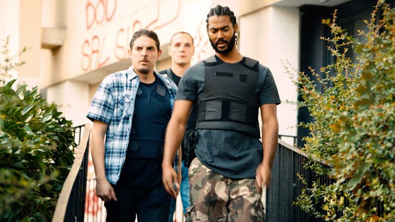 Damien Bonnard, Alexis Manenti and Djebril Zonga in Les Miserables. Photograph: Amazon Studios