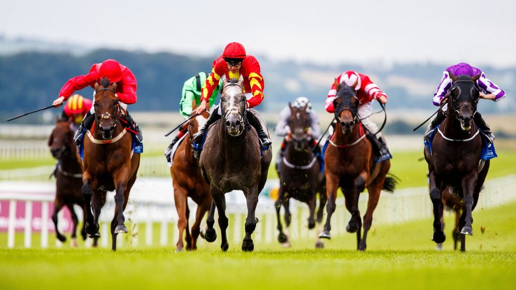 Speak In Colours (centre), ridden by Donnacha O’Brien, wins the Qatar Racing & Equestrian Club Phoenix Sprint Stakes at the Curragh in August. Photograph: Inpho