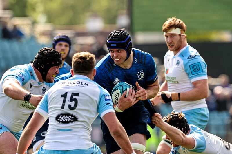 Leinster's James Ryan comes up against Glasgow's Zander Fagerson and Ollie Smith during the United Rugby Championship quarter-finalat the RDS.Photograph: Billy Stickland/Inpho
