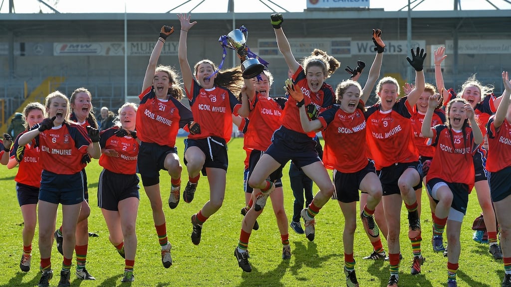 Scoil Mhuire, Carrick on Suir, Tipperary, players celebrate with the cup. Lidl All Ireland Senior A Post Primary Schools Champions. Photograph: Sportsfile