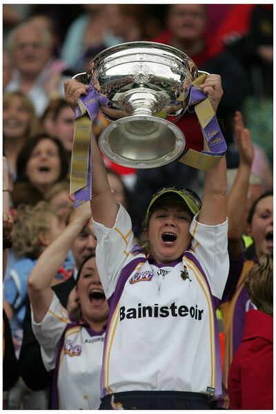 Wexford Camogie manager Stellah Sinnott celebrates victory over Cork in the 2007 All-Ireland Senior Camogie final in Croke Park. Photograph: Alan Betson