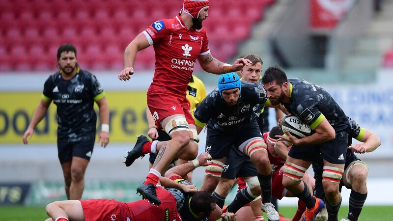 Munster’s Jean Kleyn makes a break during the Guinness Pro 14 game at Parc y Scarlets. Photograph: Ryan Hiscott/Inpho