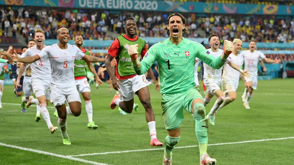 Yann Sommer celebrates his vital penalty save against France. Photograph: Justin Setterfield/Getty