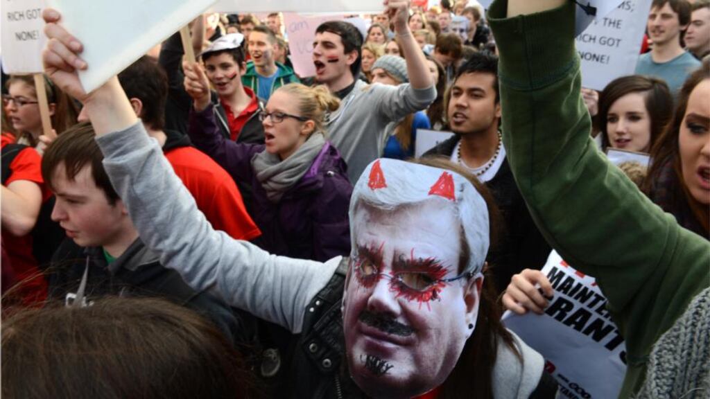 IADT and UCD student union members protesting over fees. Photograph: Dara Mac Dónaill