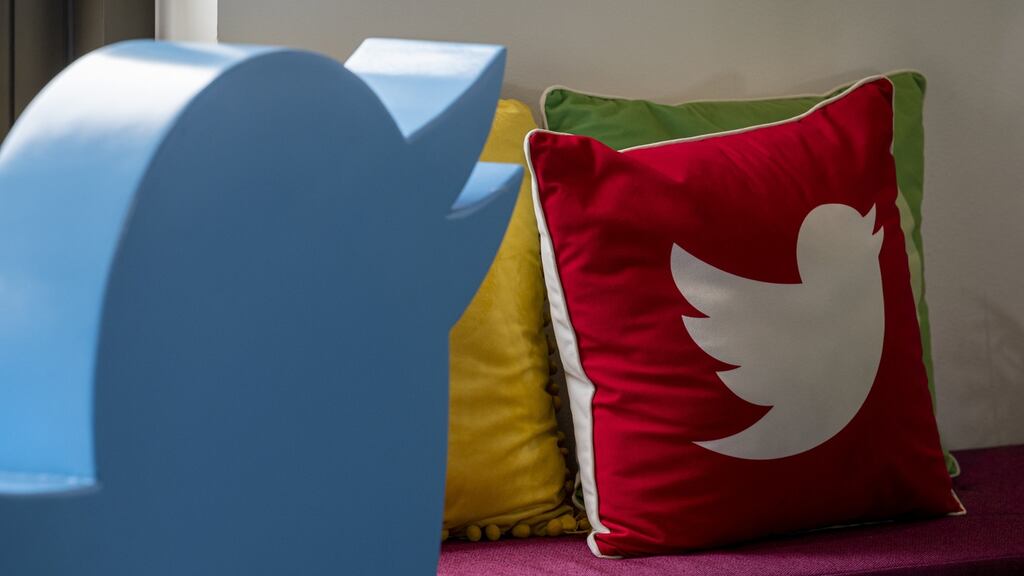 Branded pillows at Twitter headquarters in San Francisco. Executives at the social media group have updated staff on its proposed sale to Elon Musk. Photograph: David Paul Morris/Bloomberg