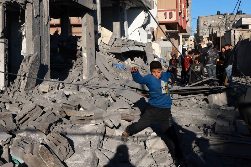 The rubble of a building destroyed by Israeli bombardment on Rafah in the southern Gaza Strip. Photograph: Mohammed Abed/AFP
