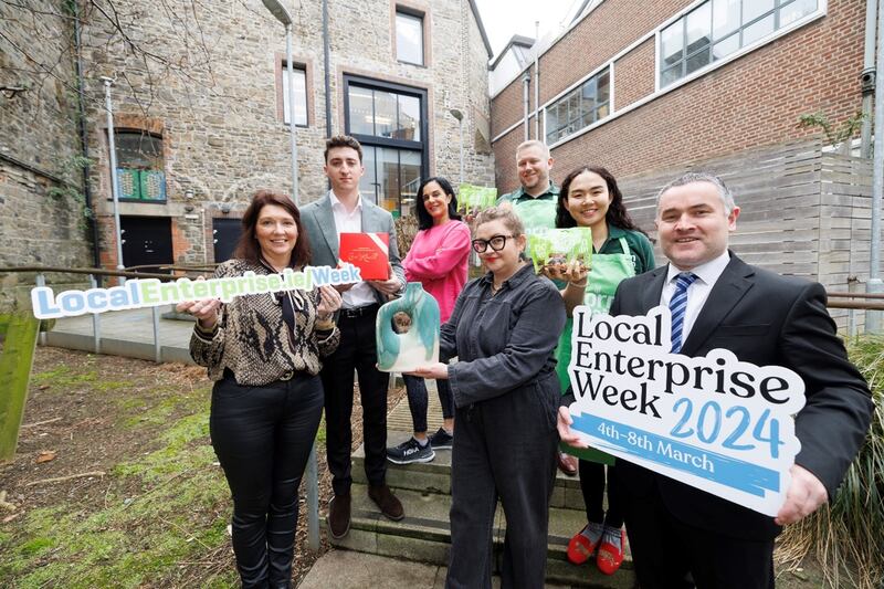Eleanor Forrest, Enterprise Ireland with Sean Kinsella of Kinseally Chocolate, Jenni Timony of Fitpink Fitness, Ola Wartak-Tolak of Stories by Ola, Patrick Nagle and Sun Choi of Born Again Bites and Aidan Blighe, CCMA Business Committee at the launch of the Local Enterprise Week 2024. Photograph: Andres Poveda