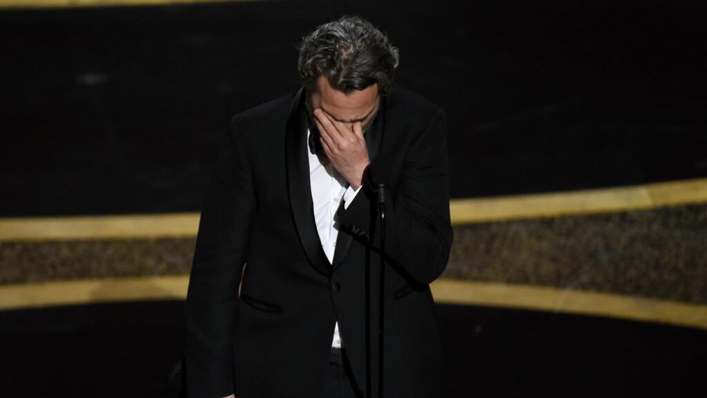 Oscars 2020: Joaquin Phoenix on stage at the Dolby Theatre on Sunday night. Photograph: Chris Pizzello/AP Photo