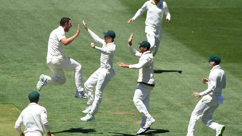 Australian players celebrate after taking the wicket of Joe Root. Photo: Dave Hunt/EPA