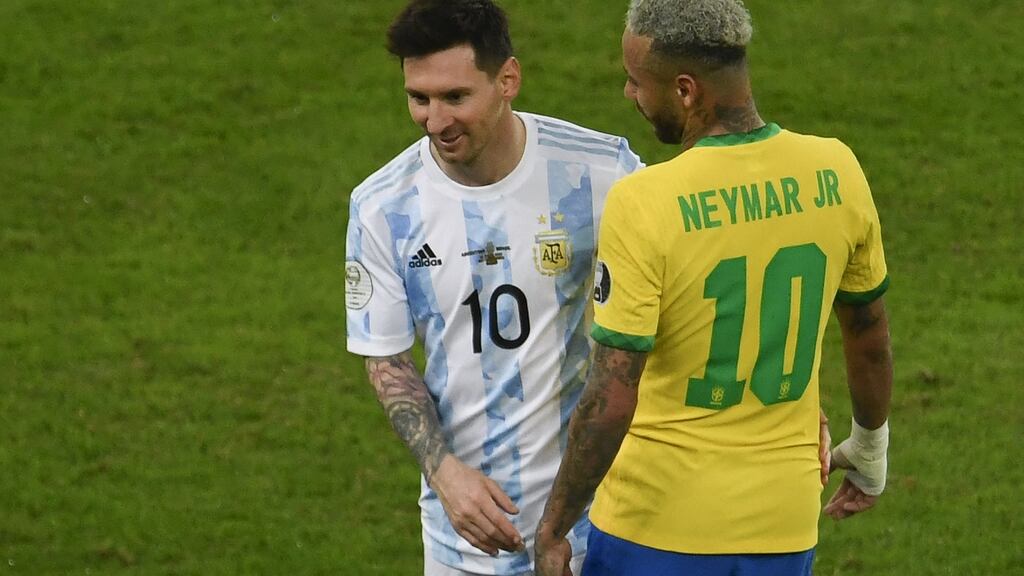 Argentina’s Lionel Messi and Brazil’s Neymar during the Conmebol 2021 Copa America final at the Maracana Stadium in Rio de Janeiro. Photograph: Mauro Pimentel/AFP via Getty Images