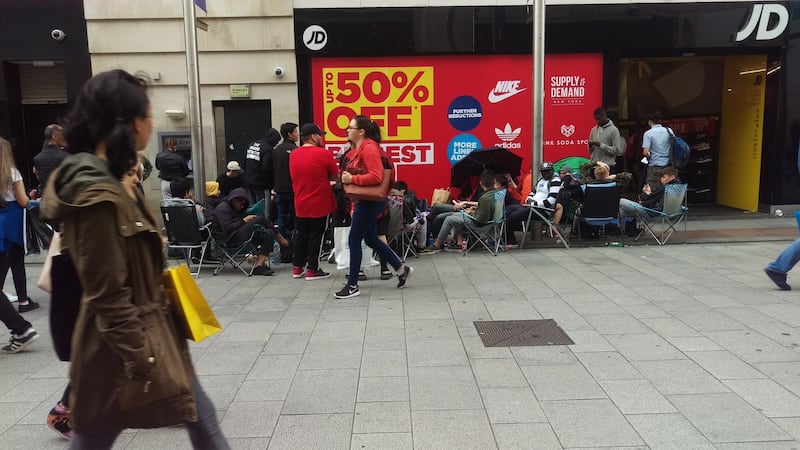 The queue for runners outside JD Sports on Dublin’s Henry Street. Photograph: Conor Lally