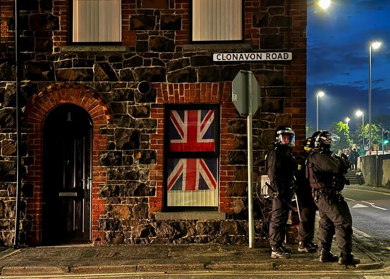 Police officers on Clonavon Road in Ballymena, during riots over an alleged sexual assault in the Co Antrim town. Photograph: Liam McBurney/PA Wire