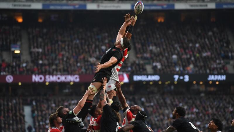 Japan and England vie for the ball during a lineout at Twickenham. Photograph: Neil Hall/EPA