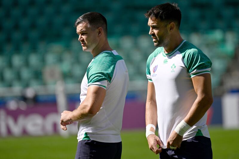 Johnny Sexton and Conor Murray during the Ireland's captain's run ahead of the Rugby World Cup Pool B game against Tonga. Photograph: Damien Meyer/AFP via Getty Images