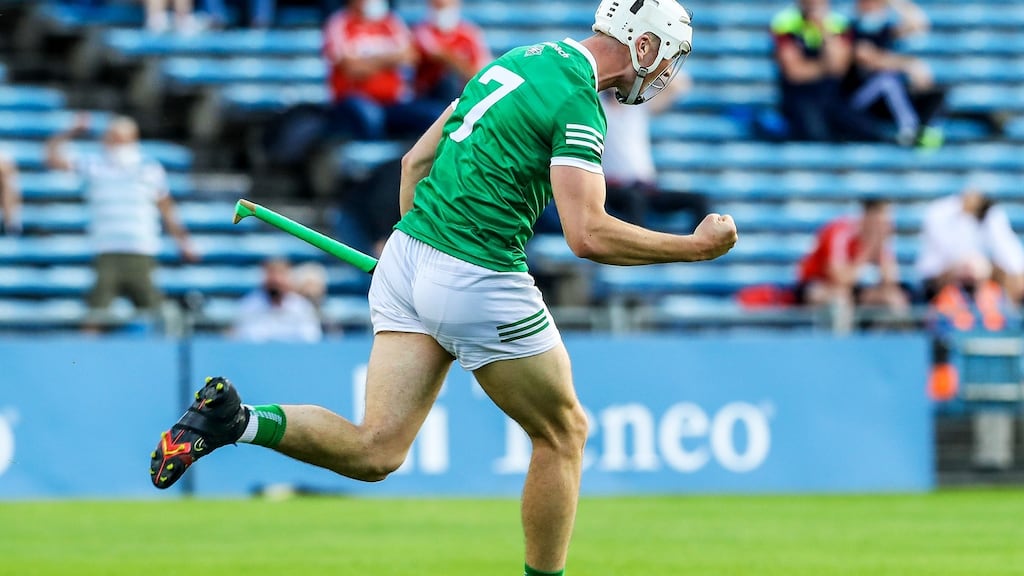 Limerick’s Kyle Hayes celebrates scoring a goal against Cork. Photograph: Lorraine O’Sullivan/Inpho