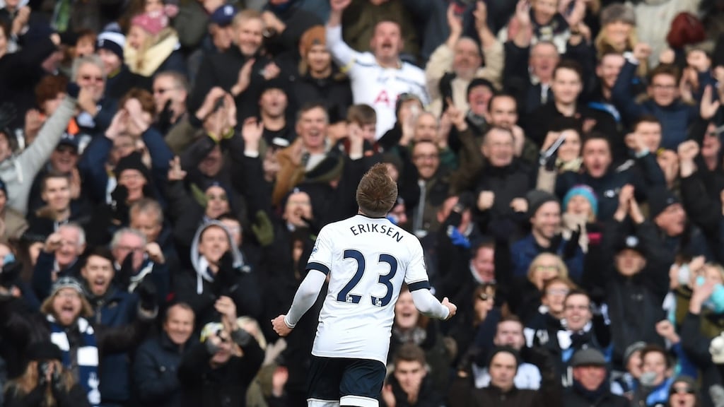 Christian Eriksen of Tottenham Hotspur celebrates scoring his team’s third goal against Sunderland in the Premier League. Photo: Michael Regan/Getty Images