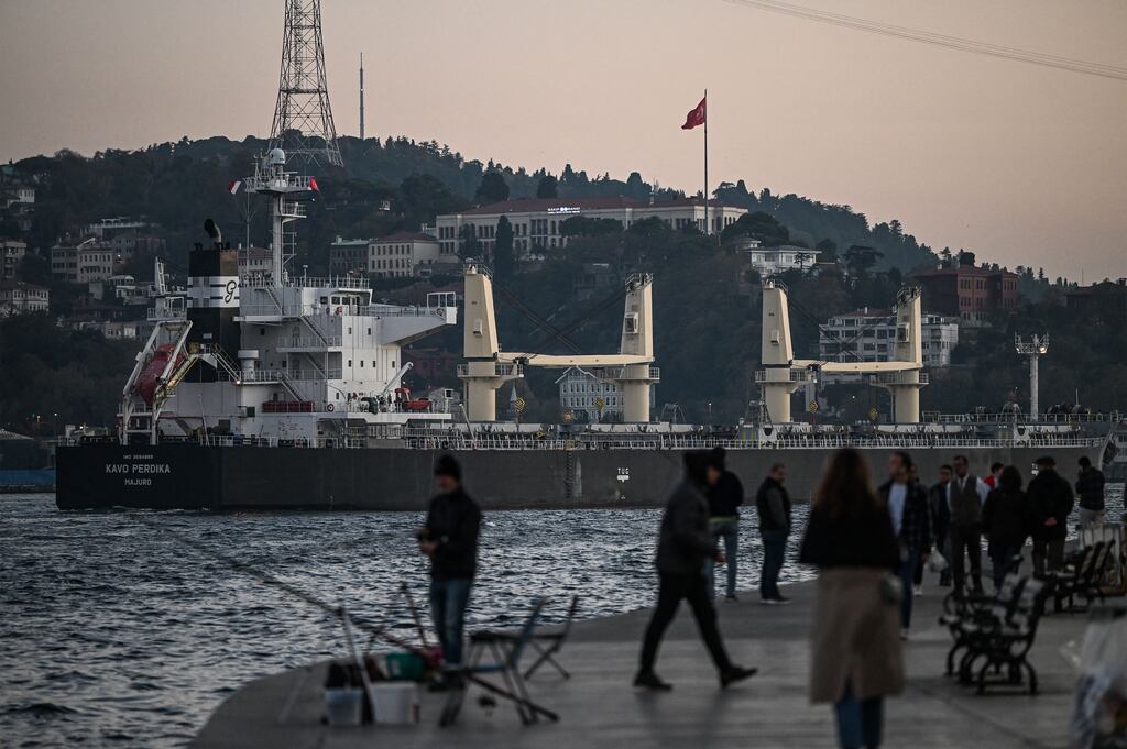 A cargo vessel carrying Ukrainian grain on the Bosphorus in Istanbul on Wednesday. Russia has confirmed it will rejoin the Black Sea grain deal just days after it cut its participation due to a Ukrainian attack on the Russian Black Sea fleet. Photograph: Ozan Kose/Getty Images