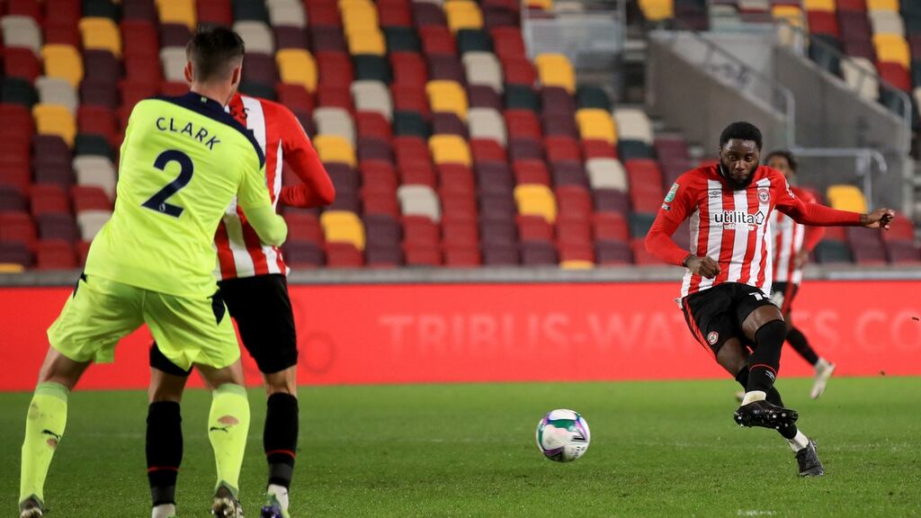 Brentford’s Josh Dasilva scores during the Carabao Cup quarter-final against Newcastle at the Brentford community stadium in London. Photograph: Adam Davy/PA Wire