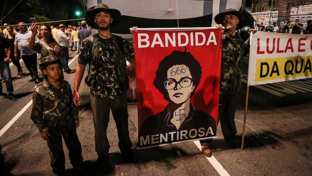 Demonstrators protest against the appointment of the former President Luiz Inacio Lula da Silva as Chief of Staff, at the Paulista Avenue in Sao Paulo, Brazil on Wednesday night. Photograph: Ricardo Nogueira/EPA