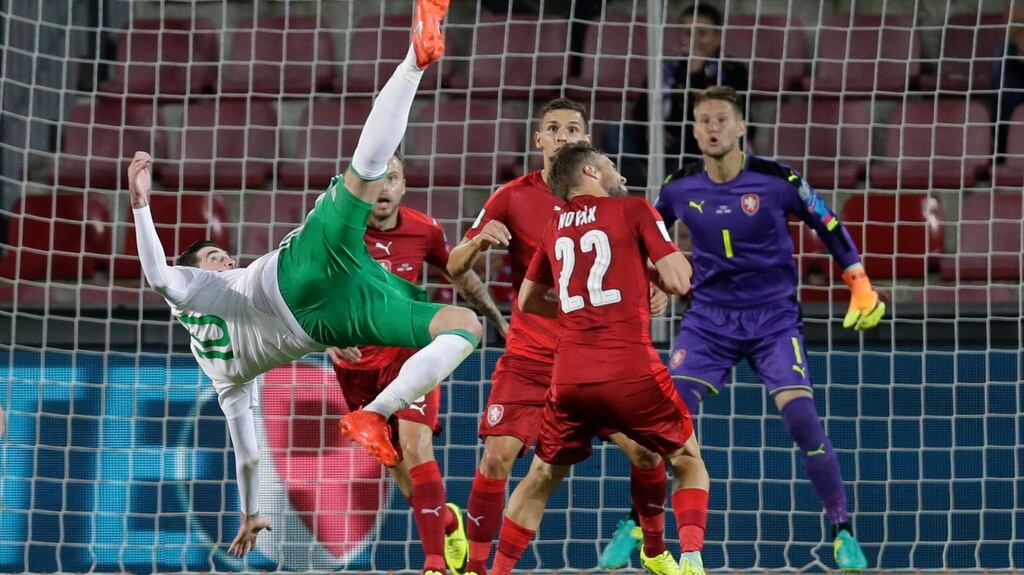 Northern Ireland’s Kyle Lafferty tries his luck in their 2018 World Cup qualifying match against Czech Republic. Photo: David Cerny/Reuters