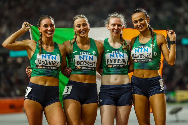 The Irish women’s 4x400m team of Kelly McGrory, Sophie Becker, Roisin Harrison and Sharlene Mawdsley after finishing 8th in the final. Photograph: Morgan Treacy/Inpho