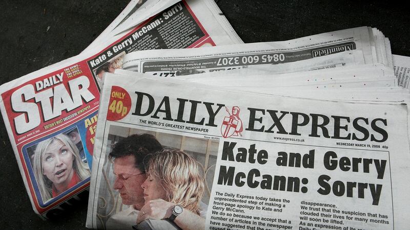 LONDON - MARCH 19: In this Photo Illustration, The Daily Express and The Daily Star lay on the ground near Clarence Mitchell, spokesman for the McCann family while he speaks to press outside the High Court on March 19, 2008 in London, England. The Express Newspaper Group printed an apology to Kate and Gerry McCann for false allegations published in over 100 articles in four of their titles regarding the case of the McCann’s missing daughter, Madeleine. (Photo by Cate Gillon/Getty Images)