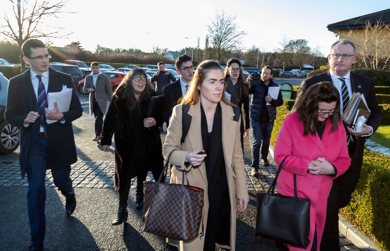 Enoch Burke and members of his family and staff from Wilson's Hospital School and their legal representatives at the Mullingar Park Hotel last week following a disciplinary hearing into his conduct. Photograph: Colin Keegan/Collins