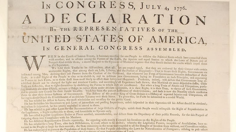 The first printing of the Declaration of Independence, printed by John Dunlap of Philadelphia on the night of July 4th, 1776, and delivered to Congress the next morning.  Photograph: Indiana University