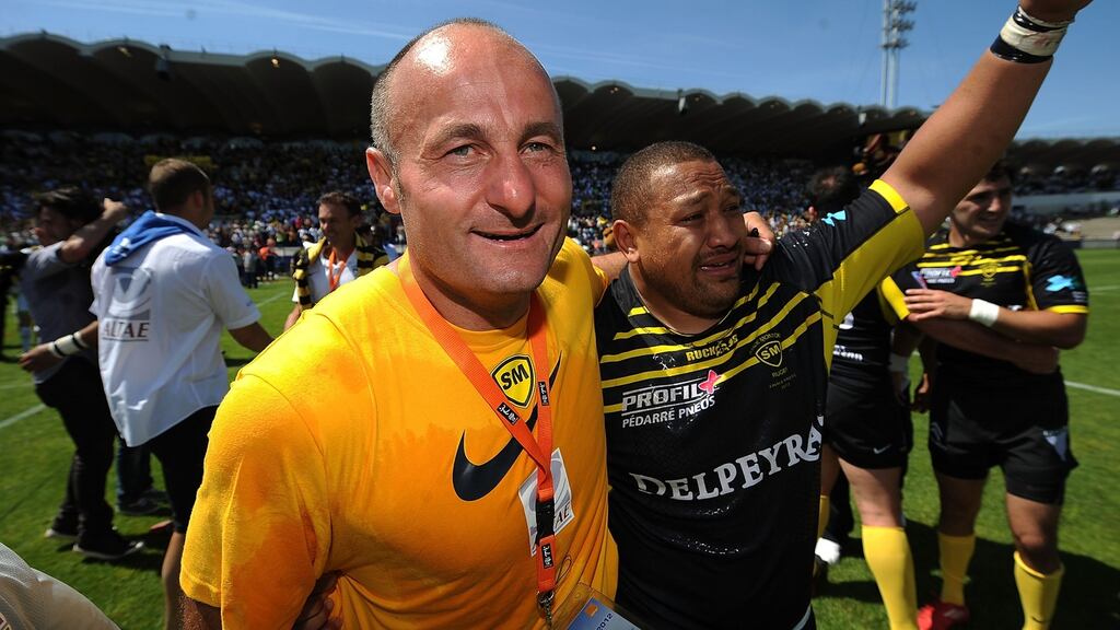 Marc Dal Maso with Ephraim Taukafa of Mont-de-Marsan celebrate their victory during the Pro Div 2 Finale 2012 between Section Paloise and Stade Montois Rugby at the Stade Chaban-Delmas in Bordeaux, France. Photo: Christopher Lee/Getty Images