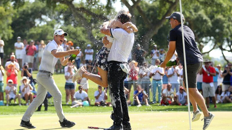 Christian Bezuidenhout celebrates his victory at the Andalucia Masters. Photograph: Warren Little/Getty Images